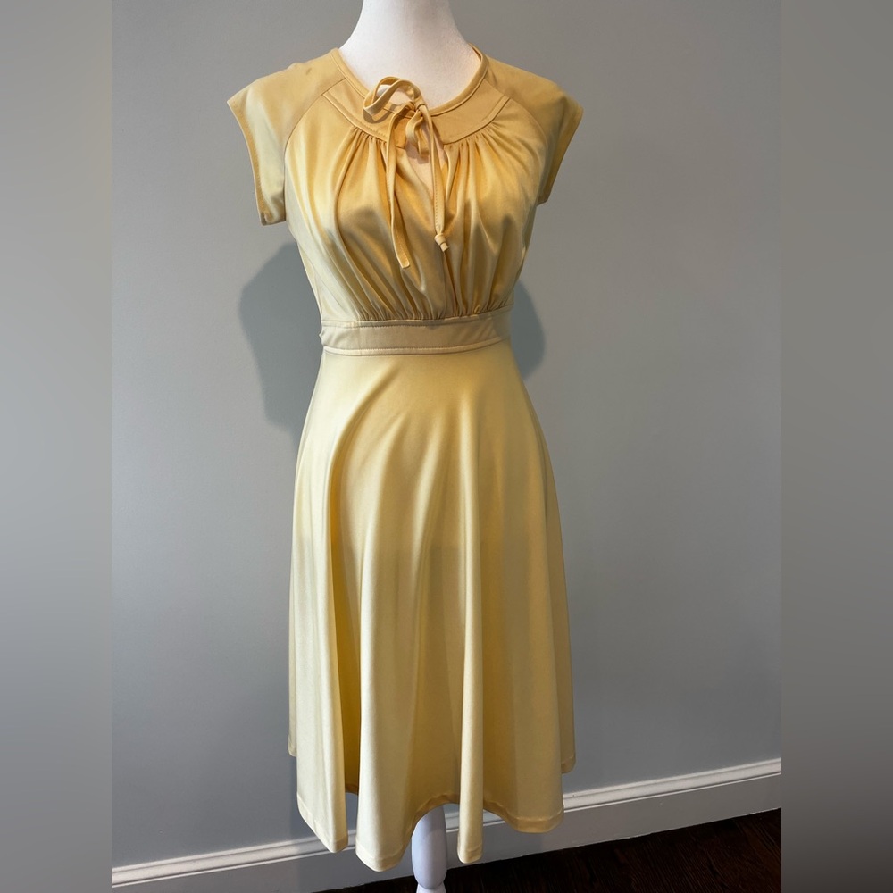 Vintage Yellow Tie-Neck Midi Dress - Women's